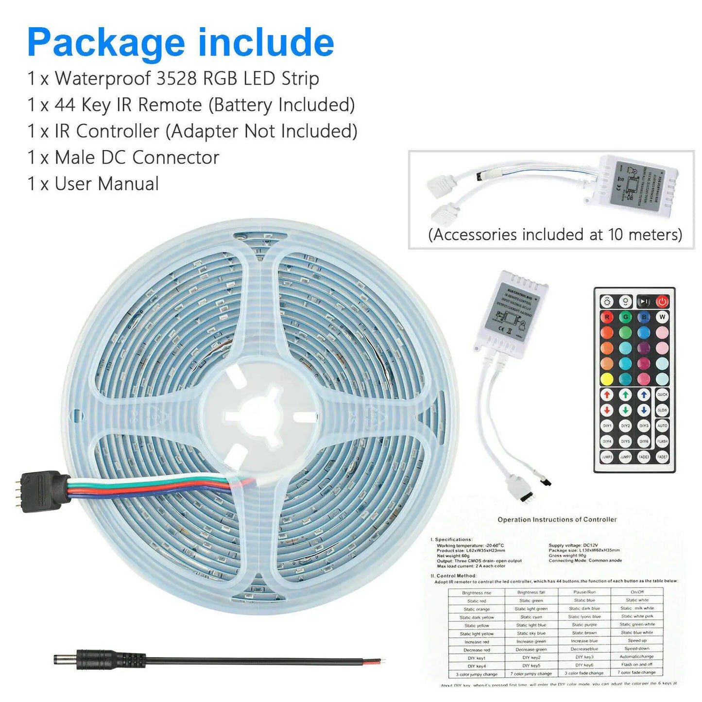 32FT RGB LED Strip Lights with Remote Control – Waterproof Light Kit for Bedroom & Home Decor