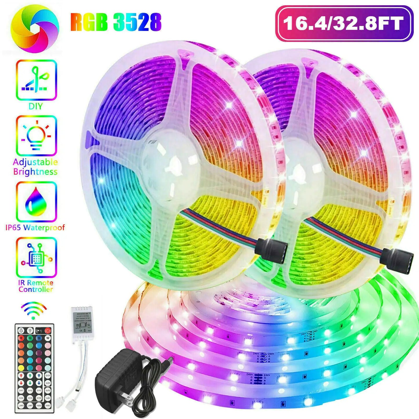 32FT RGB LED Strip Lights with Remote Control – Waterproof Light Kit for Bedroom & Home Decor