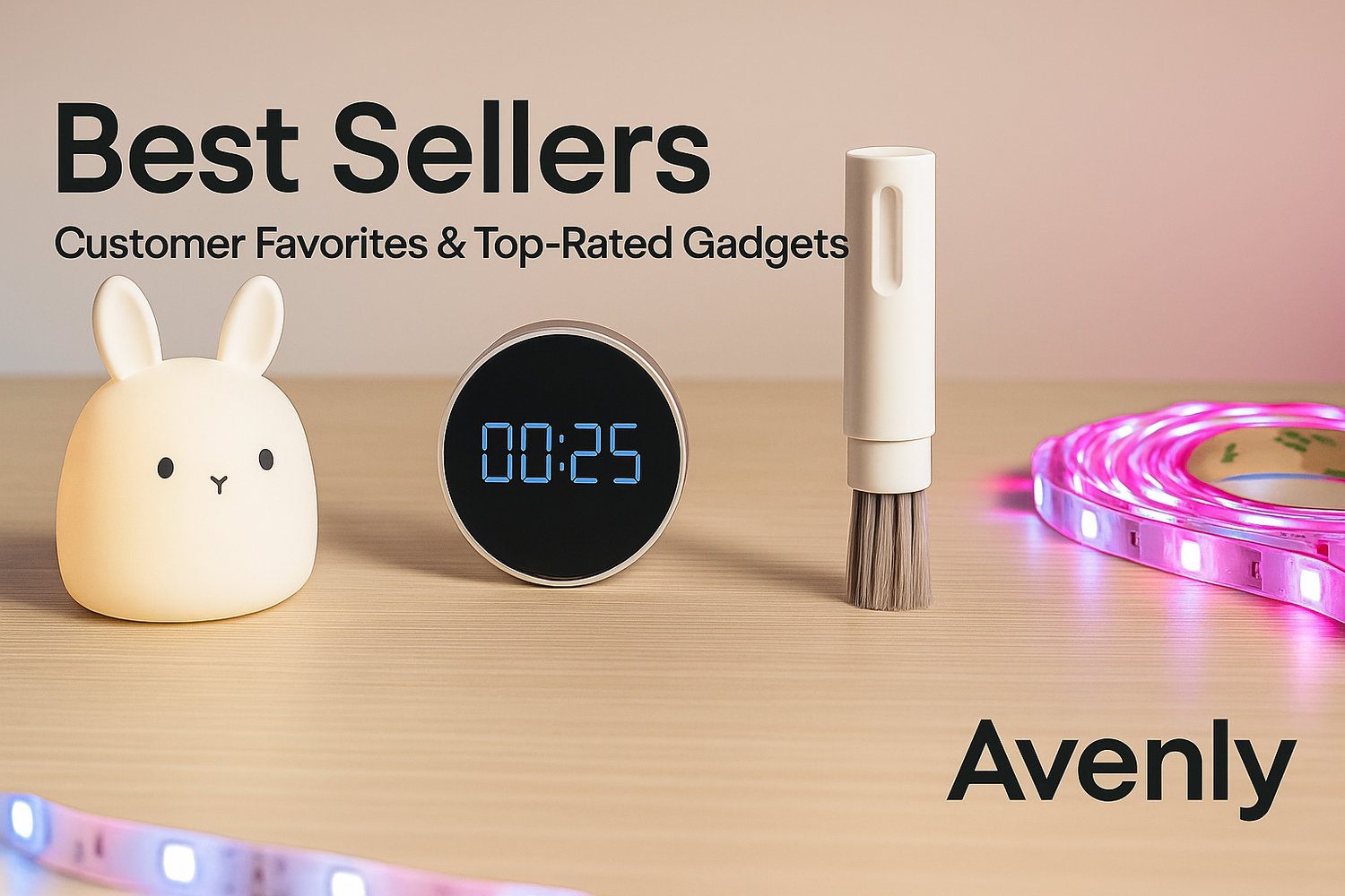 Avenly Best Sellers banner showing top-rated gadgets including a bunny night light, digital timer, cleaning brush, and LED strip on a cozy desk – smart home products.