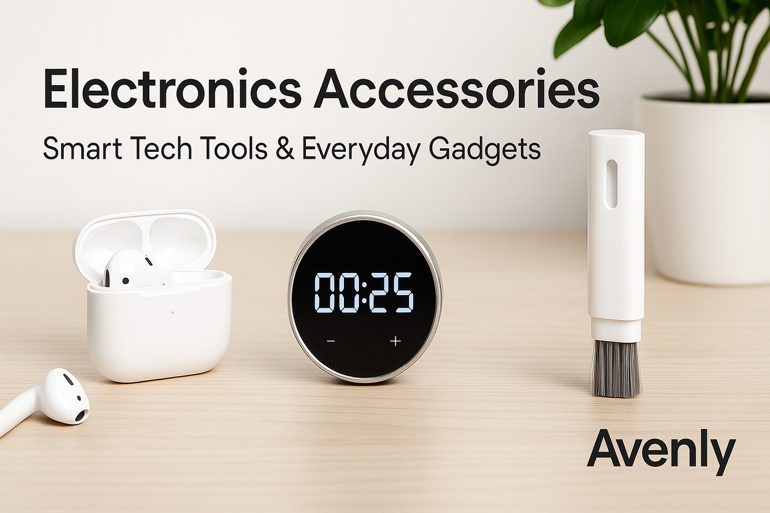 Avenly Electronics Accessories banner featuring smart tech tools including a digital timer, cleaning brush, and earbuds on a minimalist desk – modern gadget collection.
