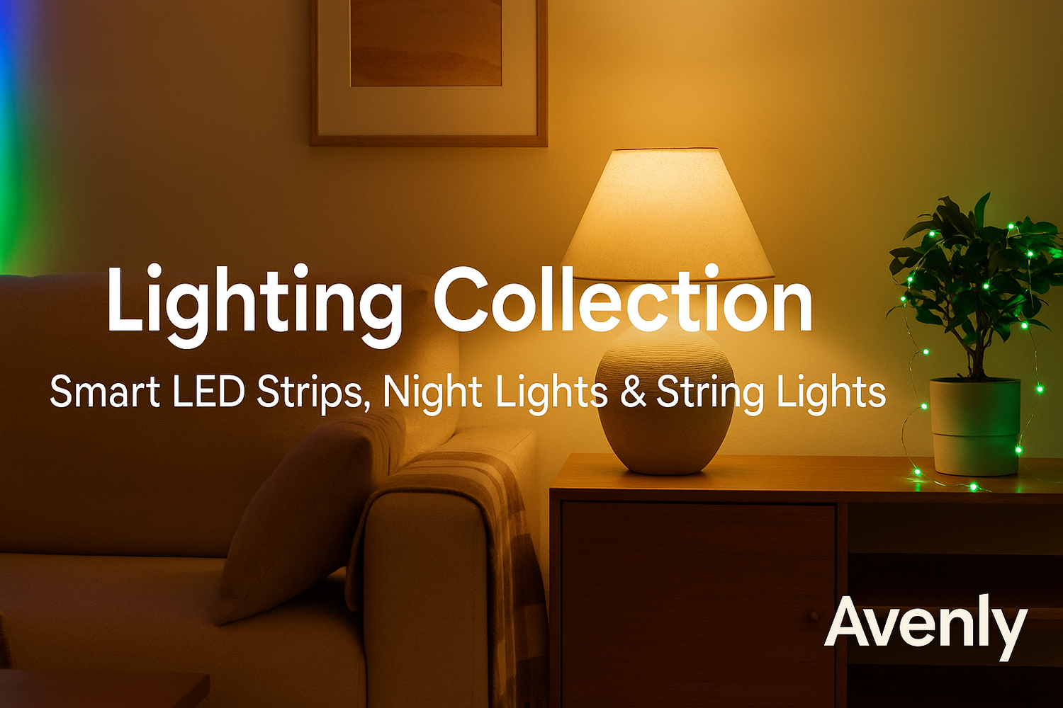 Avenly Lighting Collection banner featuring cozy living room with warm LED strip lights, night lamp, and string lights – smart home lighting for every room.