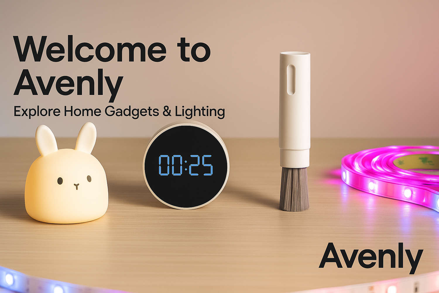 Avenly home page banner with cozy smart home setup: bunny night light, digital timer, cleaning brush and LED strip on a wooden desk – Smart Home & Lifestyle Essentials.